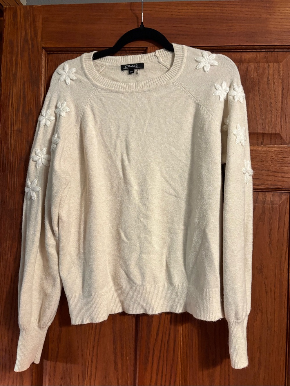 CHARLIE B Cream Crewneck Sweater with Floral Appliqués